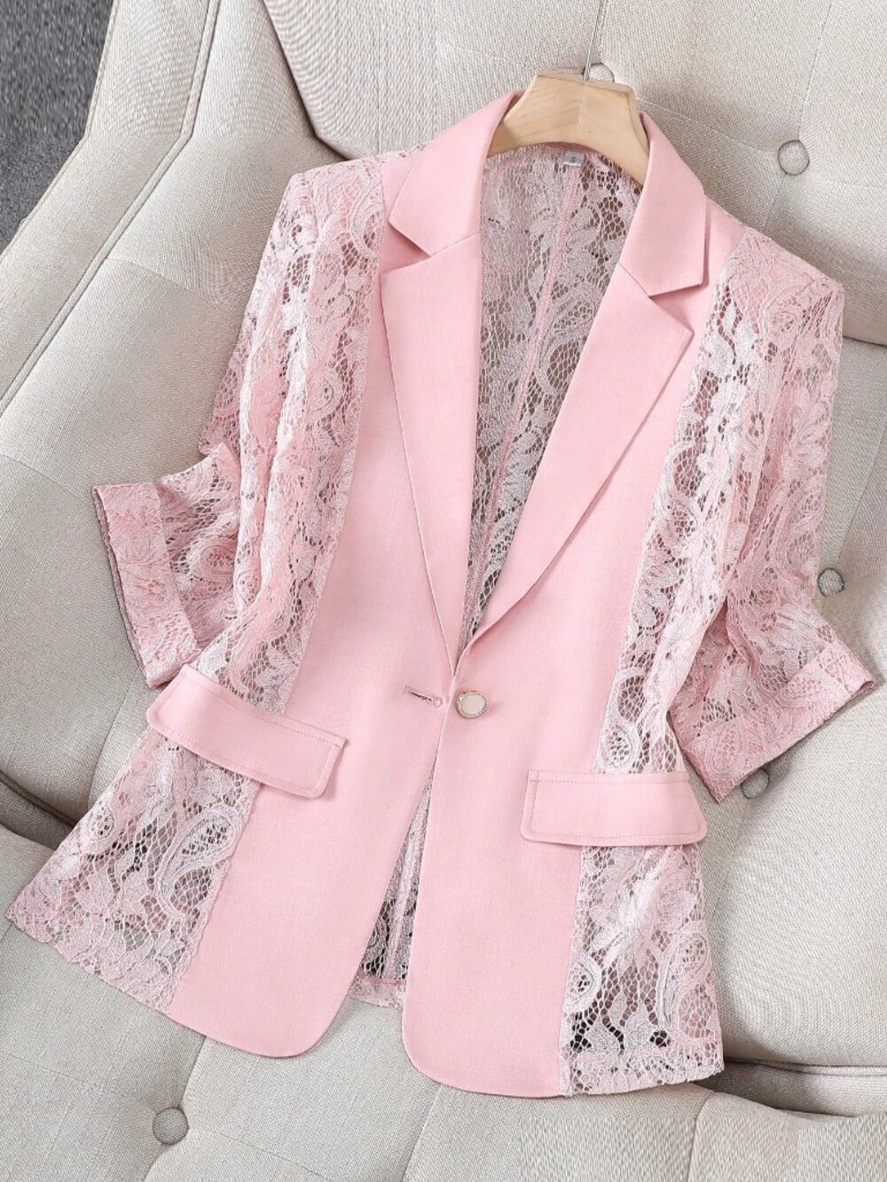 Pink Elegant Women's Sheer 3/4 Sleeve Lightweight Casual Office Blazer Jacket
